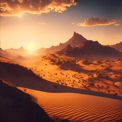 Beautiful desert landscape with sand dunes at sunset.  generated ai