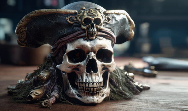The Legacy of the High Seas: Pirate Skull and Hat Showcased in All Their Glory.  Generative AI. 