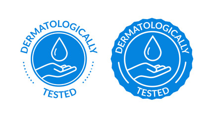 Dermatology skin test cosmetic label stamp icon. Water hypoallergenic certified dermatologist symbol icon.