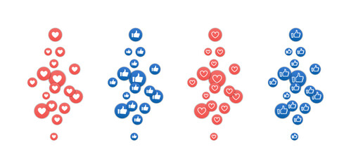 Flying like icon set social media. Thumb up 3d reaction emoji network comment vector logo love marketing like icon.