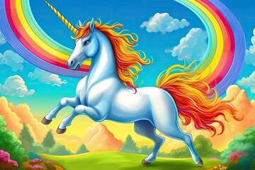 Naklejka na ściany i meble majestic white unicorn with a vibrant rainbow in the background. Generative AI
