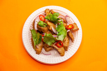 grilled pork snack close up top view