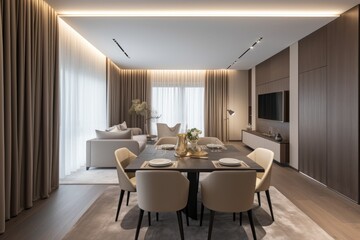 Fototapeta premium modern dining room with a sleek table and stylish chairs. Generative AI