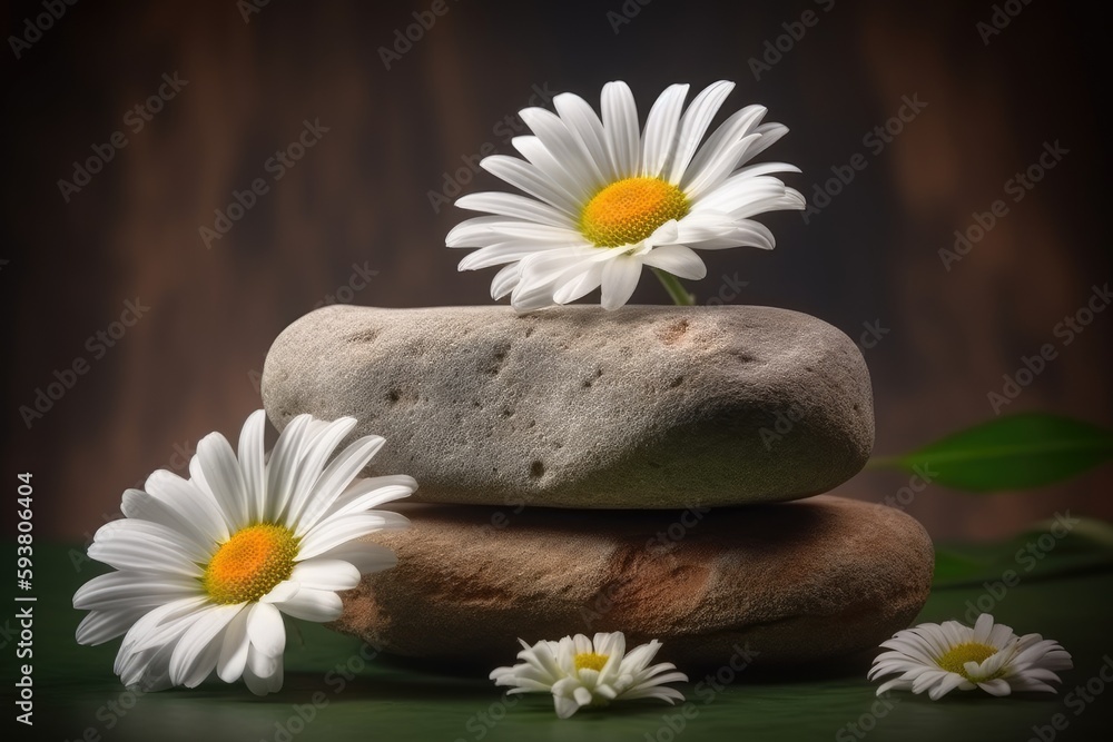 Aufkleber stack of balanced rocks with daisies on top in a grassy field. generative ai