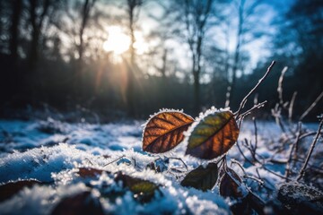 Fototapeta na wymiar fallen leaves on snow-covered ground. Generative AI