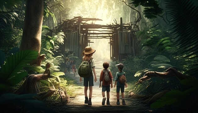 childrens exploring jungle, digital art illustration, Generative AI