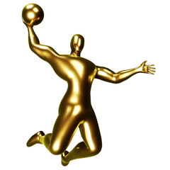 3d gold basketball player figure doing slam dunk pose.