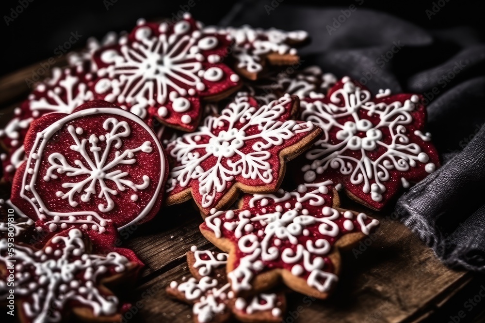 Poster delicious stack of decorated cookies on a rustic wooden table. Generative AI