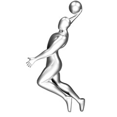3d silver basketball player figure doing slam dunk pose.