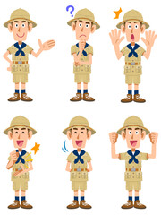 探検家の服を着た男性の6種類の仕草と表情
