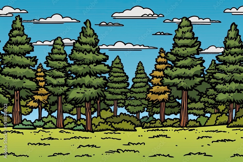 Poster serene forest landscape with trees and clouds. generative ai