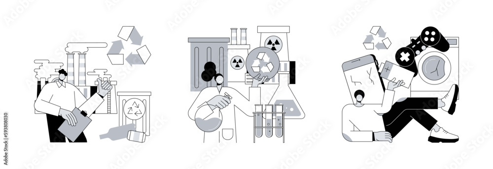 Aufkleber waste management abstract concept vector illustration set. mechanical and chemical recycling, e-wast