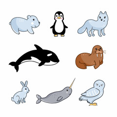 Set of illustrations for children. Animals of Arctic and Antarctica.