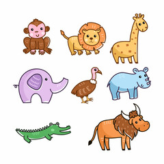 Animals of Africa. Cute illustration for kids in doodle style. Set of elements.