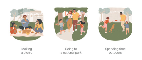 Labor Day isolated cartoon vector illustration set. Happy family having a picnic outdoors, Labor Day tradition, going to a national park, spending time with children outdoors vector cartoon. - 593808242