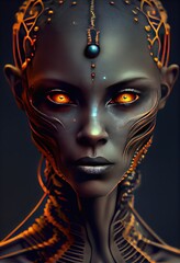 An alien, cyborg, robot, that comes from another world light years away. They have orange glowing eyes and silver skin. This is a generative ai picture..
