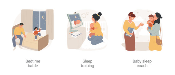 Sleep training isolated cartoon vector illustration set. Bedtime battle, toddler refuse to go to bed, watching how-to training video, baby sleep coach, consultant, calm down problem vector cartoon.