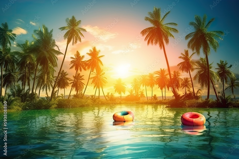 Poster tropical beach with palm trees and colorful inflatables floating in the water. generative ai