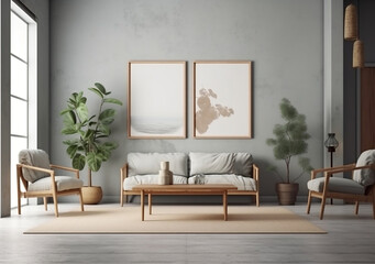 Mockup poster frame on the wall of living room. Contemporary Japanese style. Modern interior design. 3D render, 3D illustration.