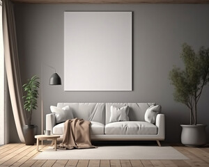 Mockup poster frame on the wall of living room. Scandinavian style. Modern interior design. 3D render, 3D illustration.