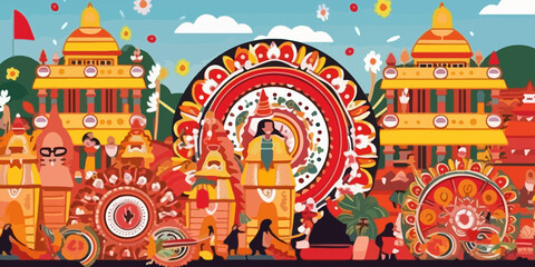 Hand drawn flat illustration of a Rath Yatra, concept background