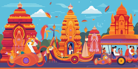 Hand drawn flat illustration of a Rath Yatra, concept background