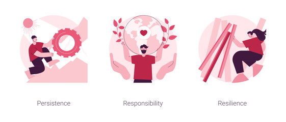 Mental strength abstract concept vector illustration set. Persistence and responsibility, building emotional resilience, psychological flexibility, determination to achieve goal abstract metaphor.