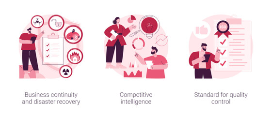 Business analytics and decision making abstract concept vector illustration set. Business continuity and disaster recovery, competitive intelligence, standard for quality control abstract metaphor.
