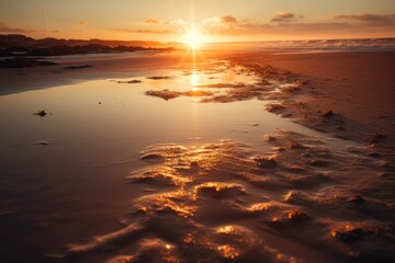 Sunset at the Beach: Long Shadows and Golden Light Create a Captivating Scene, with the Reflection of the Setting Sun on the Wet Sand - Generative AI