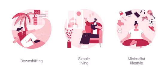 Voluntary lifestyle abstract concept vector illustration set. Downshifting, simple living, minimalist lifestyle, escape, find balance, reduce consumption and buying, low expenses abstract metaphor.