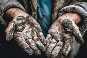 pair of hands covered in colorful paint splatters and smudges. Generative AI