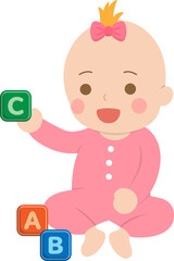 Baby with blocks, happy learning and playing, vector character illustration in cartoon style