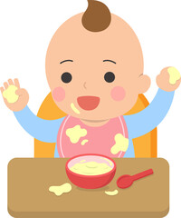 Baby grabbing puree, milk cereal or fruit puree with hands, vector illustration