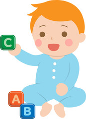 Baby with blocks, happy learning and playing, vector character illustration in cartoon style