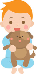 Baby playing with dolls happily, vector character illustration