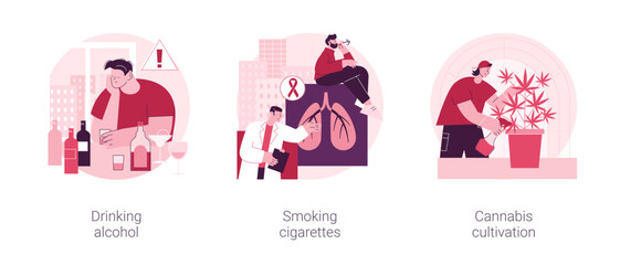 Unhealthy habits abstract concept vector illustration set. Drinking alcohol, smoking cigarettes, cannabis cultivation, addiction rehabilitation, health risk, medical marijuana abstract metaphor.