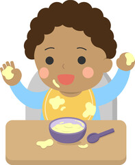 Baby grabbing puree, milk cereal or fruit puree with hands, vector illustration