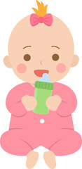 Baby with feeding bottle, drinking milk or drinking water, vector character illustration in cartoon style