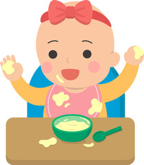 Baby grabbing puree, milk cereal or fruit puree with hands, vector illustration