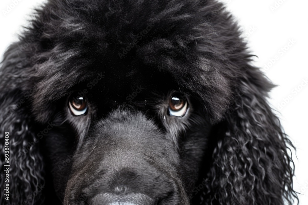 Poster close-up portrait of a black poodles face with a curious expression. generative ai