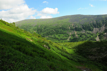 Fototapeta premium A deep crevice between high mountains overgrown with grass and thick bushes under a cloudy summer sky.