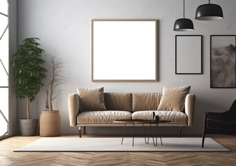 Mockup poster frame on the wall of living room. Contemporary style. Modern interior design. 3D render, 3D illustration.