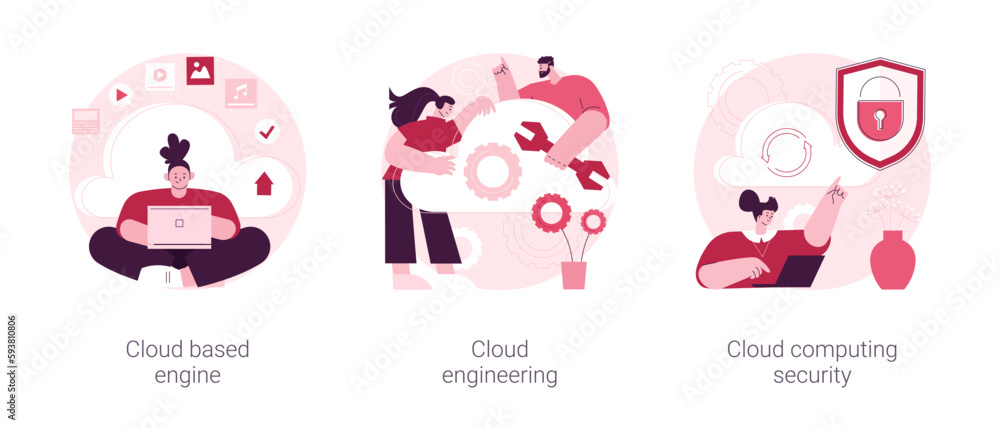 Poster data storage abstract concept vector illustration set. cloud based engine, cloud-native software dev