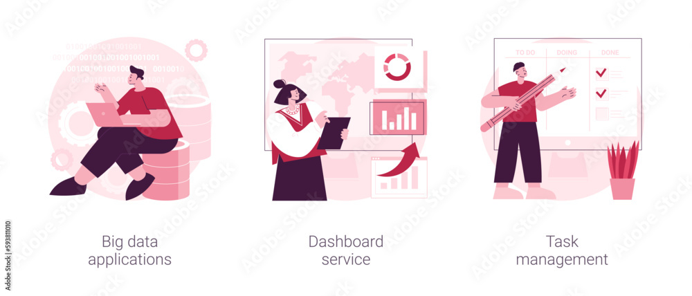 Poster big data analytics abstract concept vector illustration set. big data applications, dashboard servic