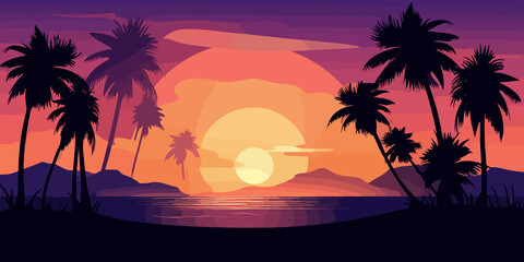 Artistic flat design of tropical beach sunset scene