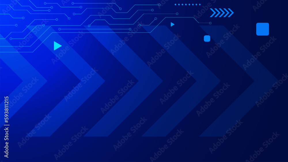 Poster electronic circuit board with arrow and play icon for digital technology and engineering, global com