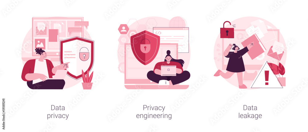 Poster personal data protection abstract concept vector illustration set. data privacy, security engineerin
