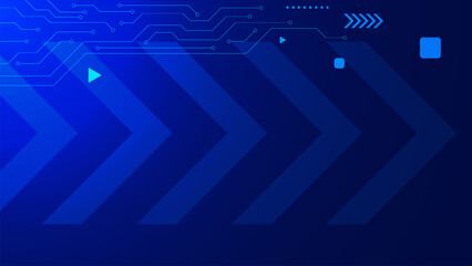 Electronic circuit board with arrow and play icon for digital technology and engineering, global communication concept.