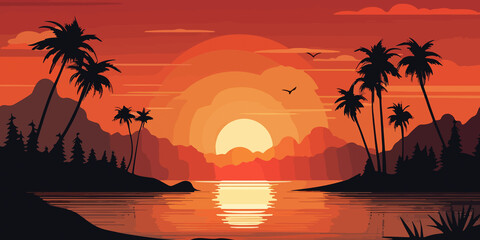Hand drawn beach sunset with palm tree silhouettes