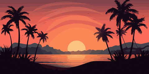 Obraz na płótnie Canvas Hand drawn beach sunset with palm tree silhouettes